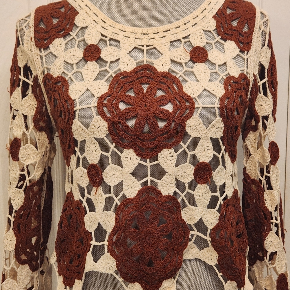 Rebellion Crochet Lace Top in Cream and Brown